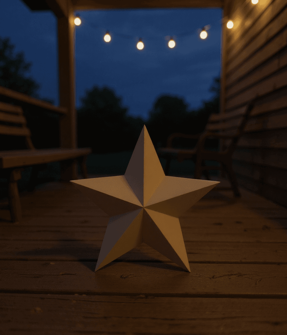 Barn Star styled in a real home, covered porch dusk