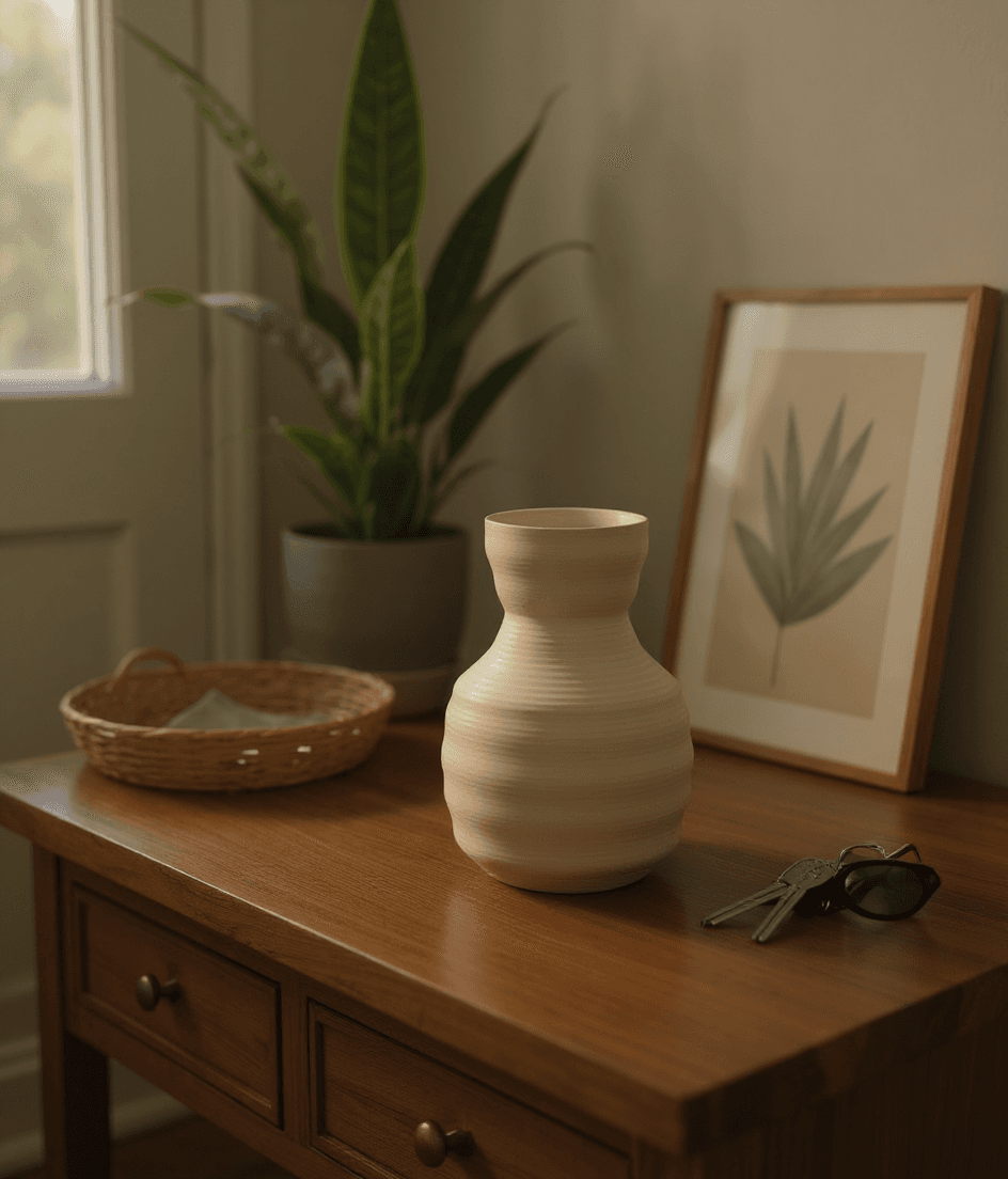 Kintsugi Vase styled in a real home, entry console