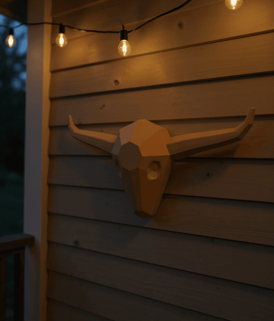 Longhorn Bust styled in a real home, covered porch dusk