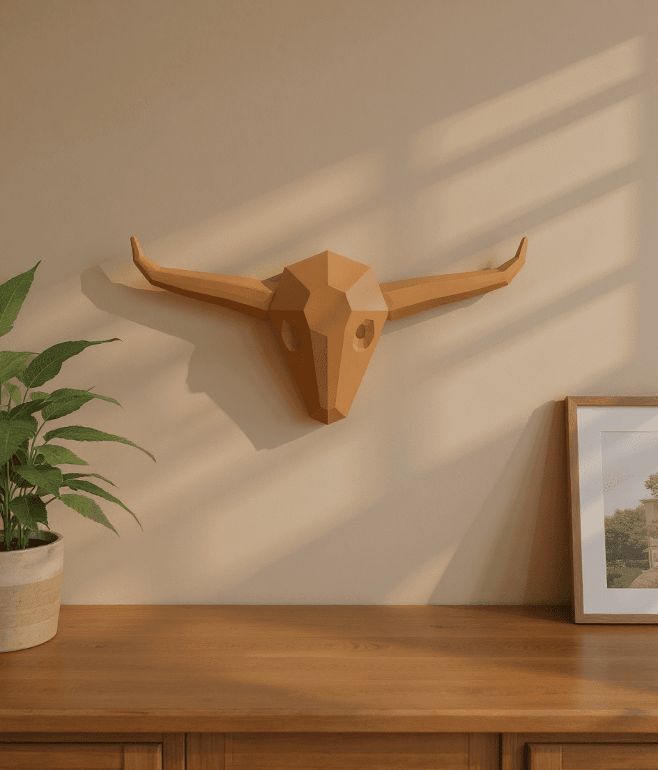 Longhorn Bust styled in a real home, covered porch dusk